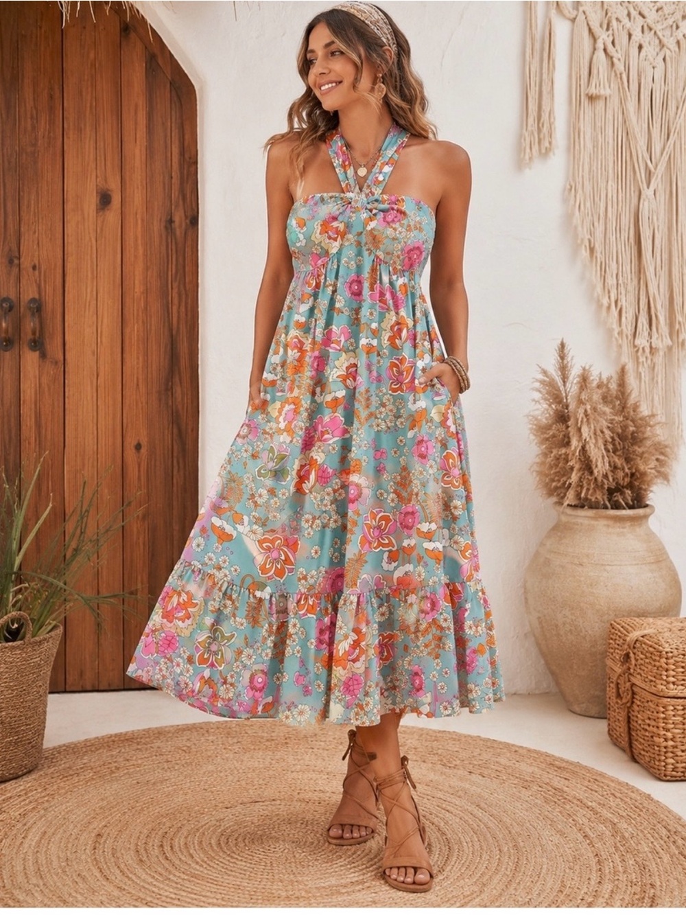 Grace Karin Aqua Floral Halter Midi Dress